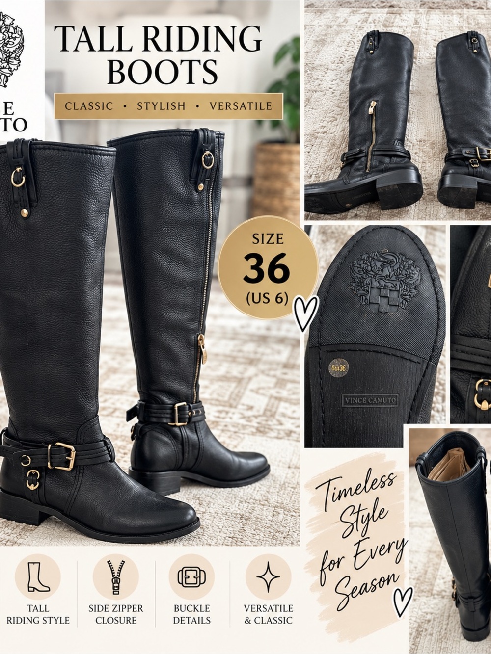 Vince Camuto Black Tall Riding Boots with Gold Buckle Hardware